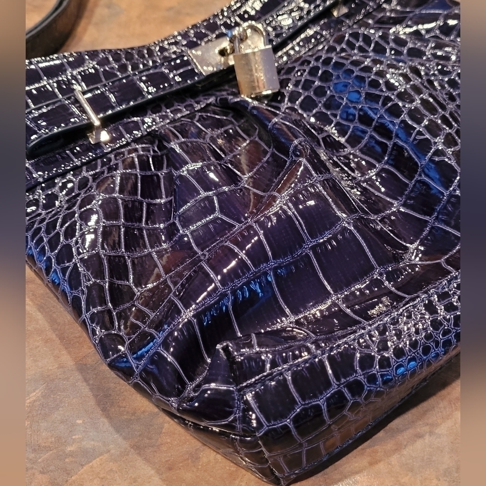 JESSICA Faux Patent Leather Bag, Dark Blue Croc Pattern, Adjustable Strap - Picture 8 of 16